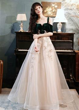 Picture of Green Velvet Top with Ivory Tulle Lace Applique Evening Dresses, Long Formal Dresses Prom Dresses